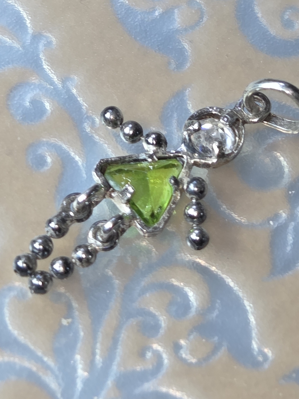 Sterling Silver Girl Pendant Charm with Triangular Peridot & Cz Gem